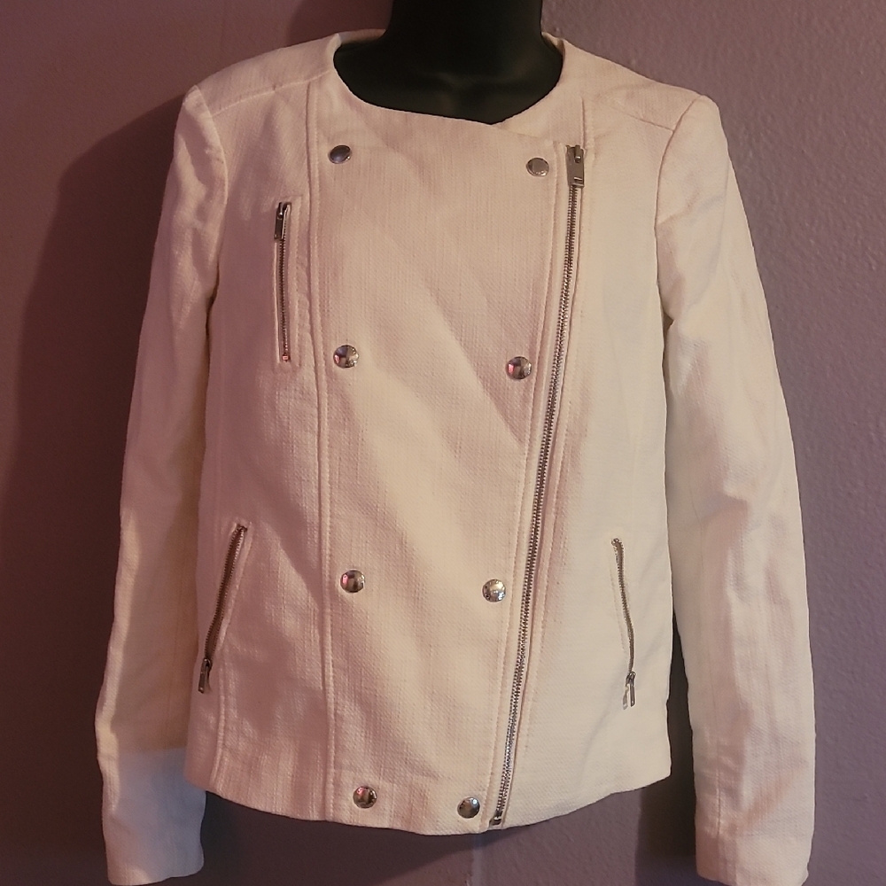 Banana Republic White Leather Moto Jacket Asymmetrical Design